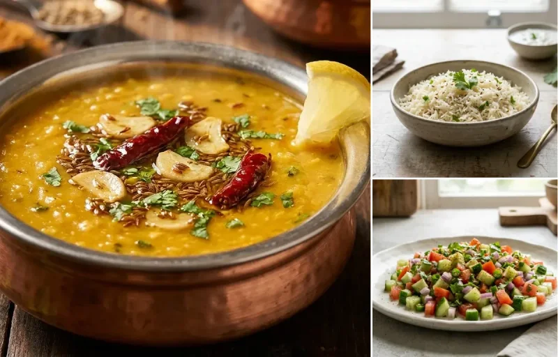 Dal Tadka, Jeera Rice and Kachumber Salad