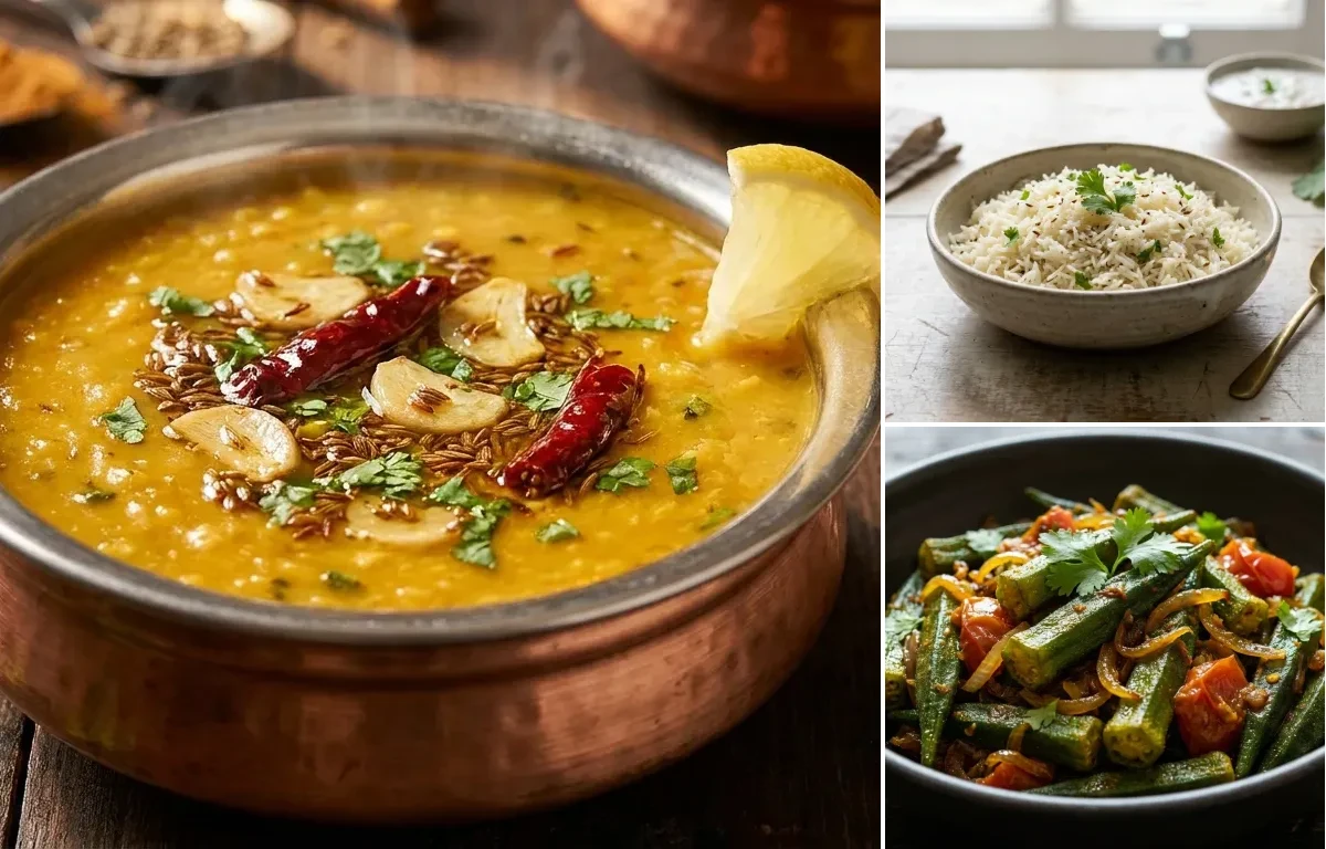 Dal tadka + jeera rice + bhindi