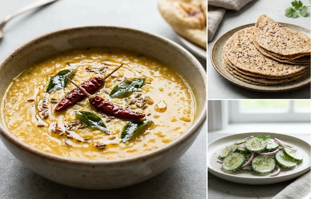 Dal Tadka, Low-Carb Multigrain Roti and Simple Cucumber Salad
