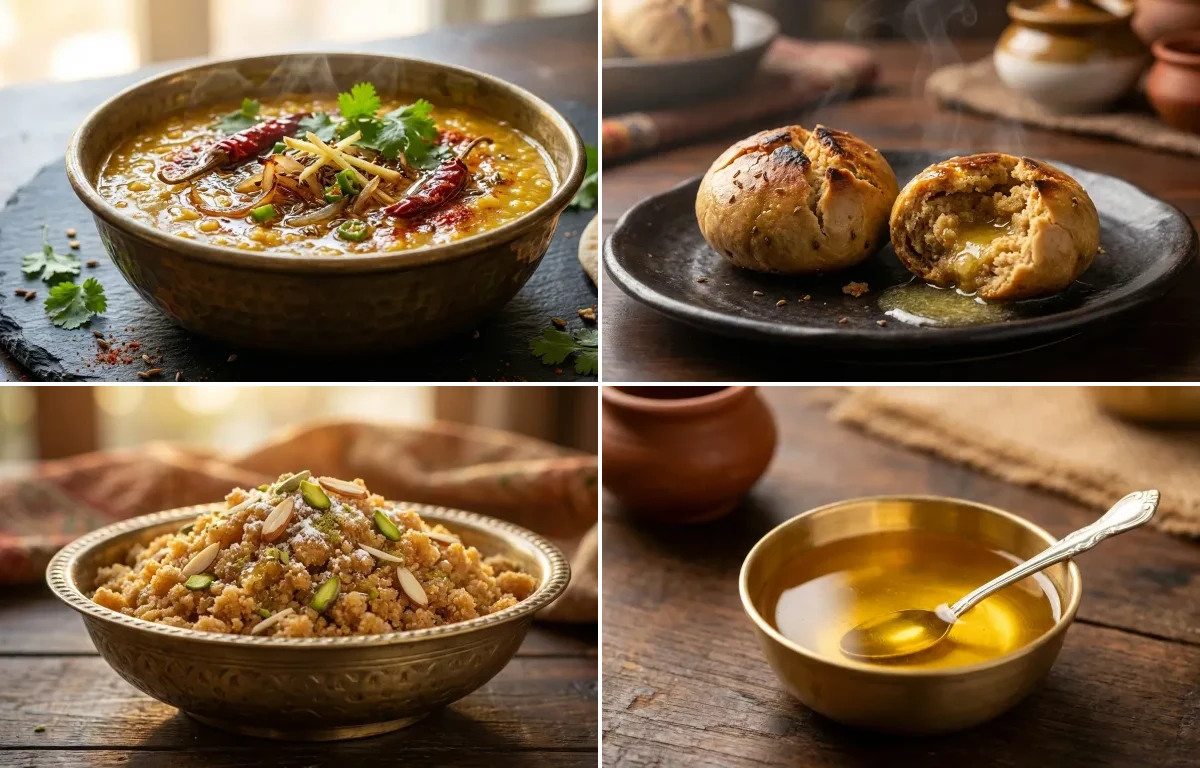 Dal Tadka with Rajasthani Baati, Churma and Ghee