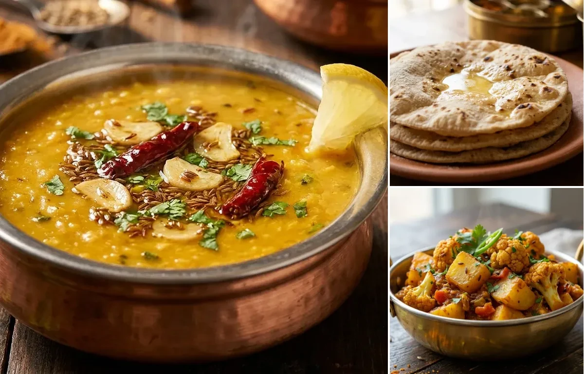 Dal Tadka, Roti and Aloo Gobi