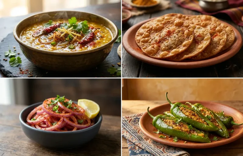 Dal Tadka with Sindhi Pakwan, Lachha Pyaaz and Besan Stuffed Green Chilli Fry