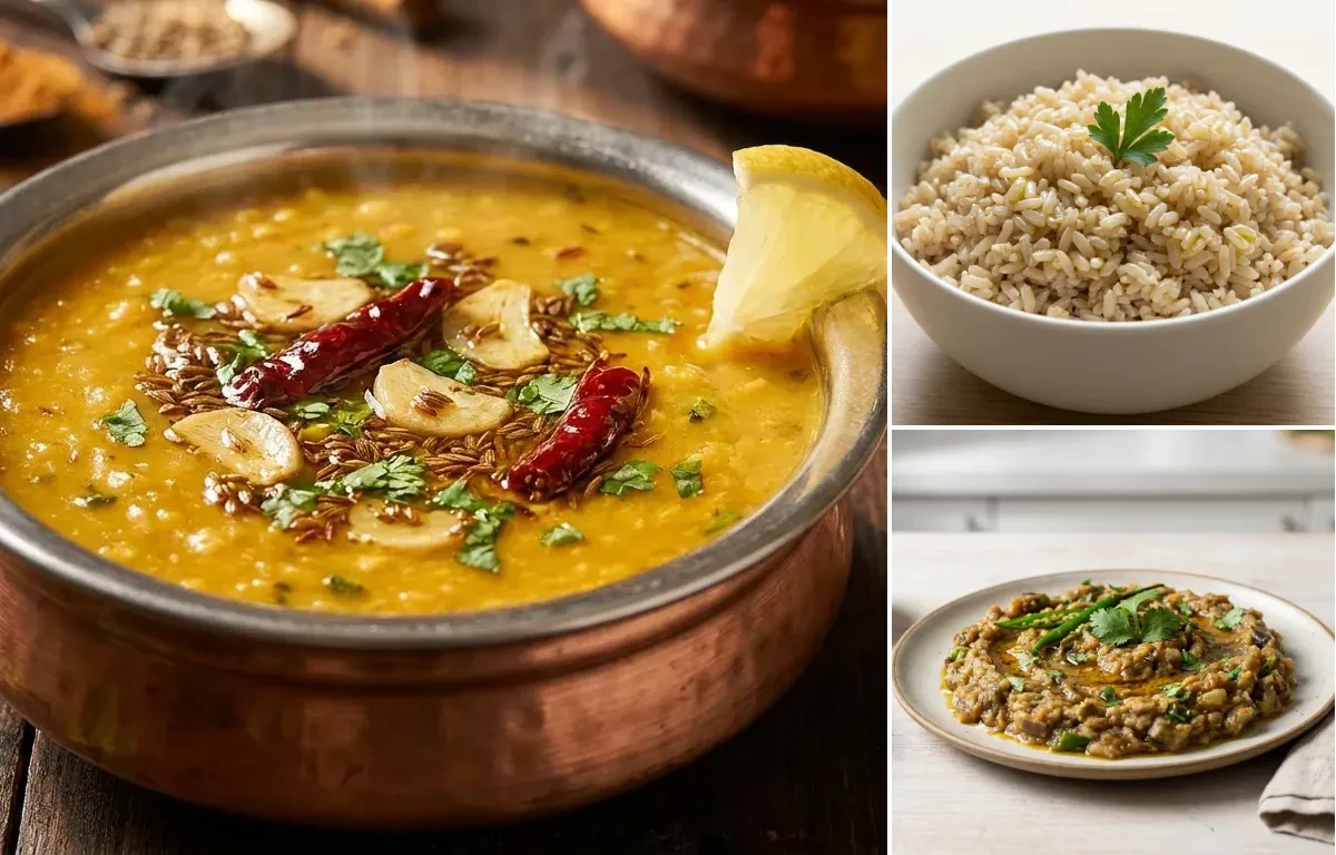 Dal Tadka, Steamed Brown Rice and Baingan Bharta