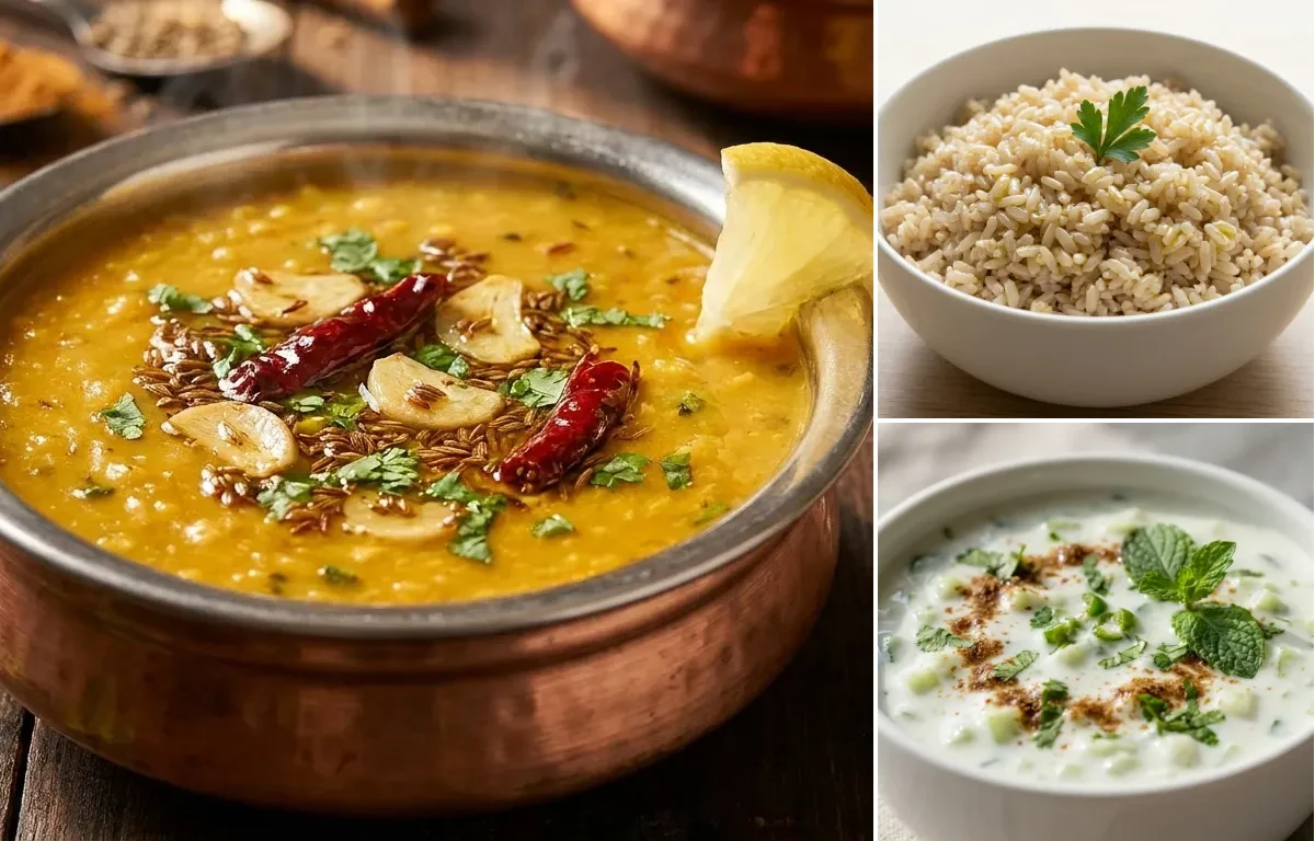 Dal Tadka, Steamed Steamed White Rice and Cucumber Raita