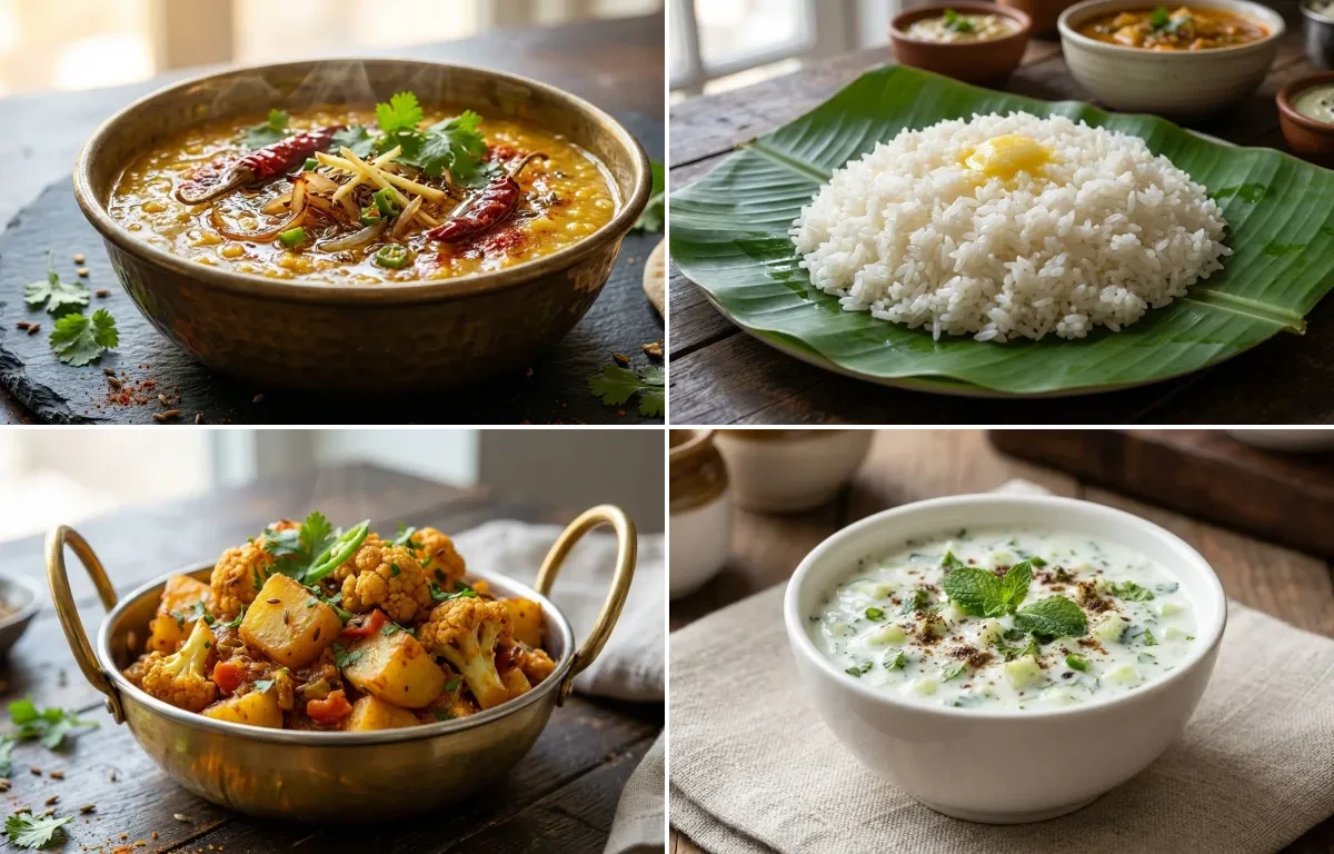 Dal Tadka with Steamed Rice, Aloo Gobi and Cucumber Raita