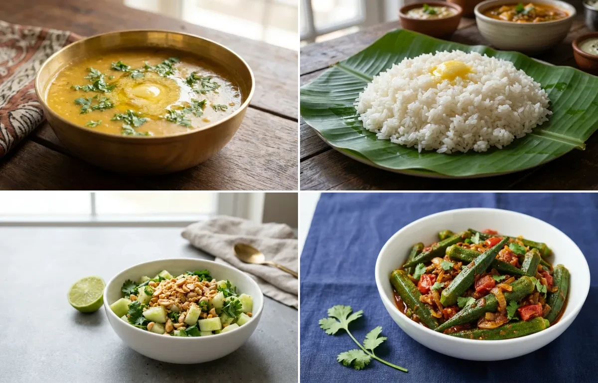 Dal Varan with Steamed White Rice with Shengdana Koshimbir with Bhindi Masala
