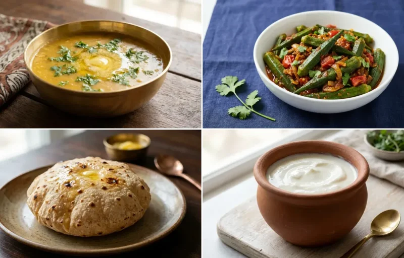 Dal Varan with Soft Steamed White Rice with Bhindi Masala with Phulka with Curd