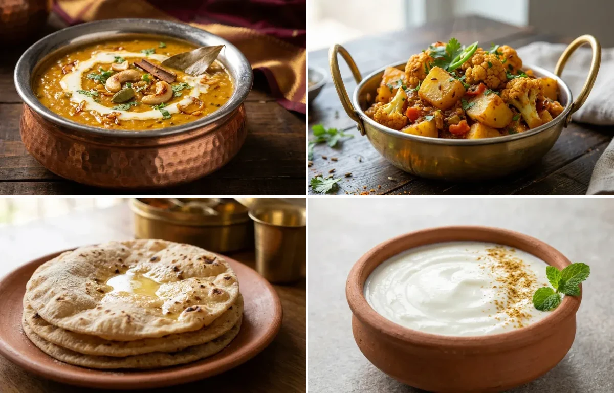 Shahi Dal with Steamed Rice with Aloo Gobi with Roti with Dahi