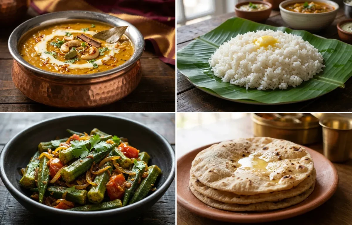 Shahi Dal with Steamed Rice with Bhindi Sabzi with Roti with Dahi