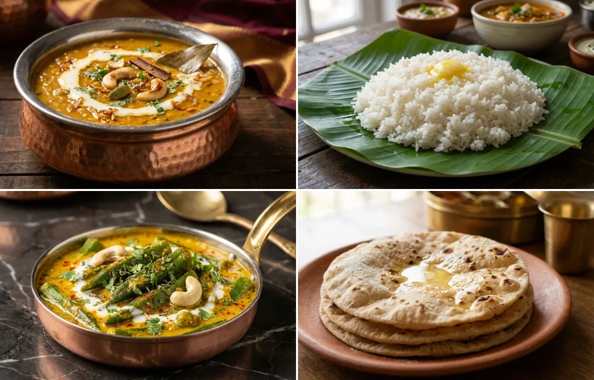 Shahi Dal with Steamed Rice with Shahi Bhindi with Roti with Dahi