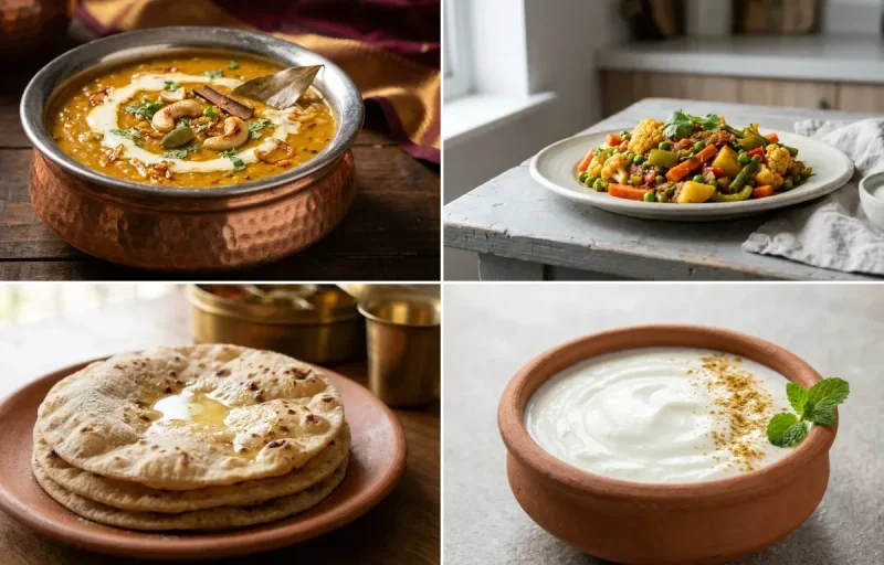 Shahi Dal with Steamed Rice with Mixed Vegetable Sabzi with Roti with Dahi