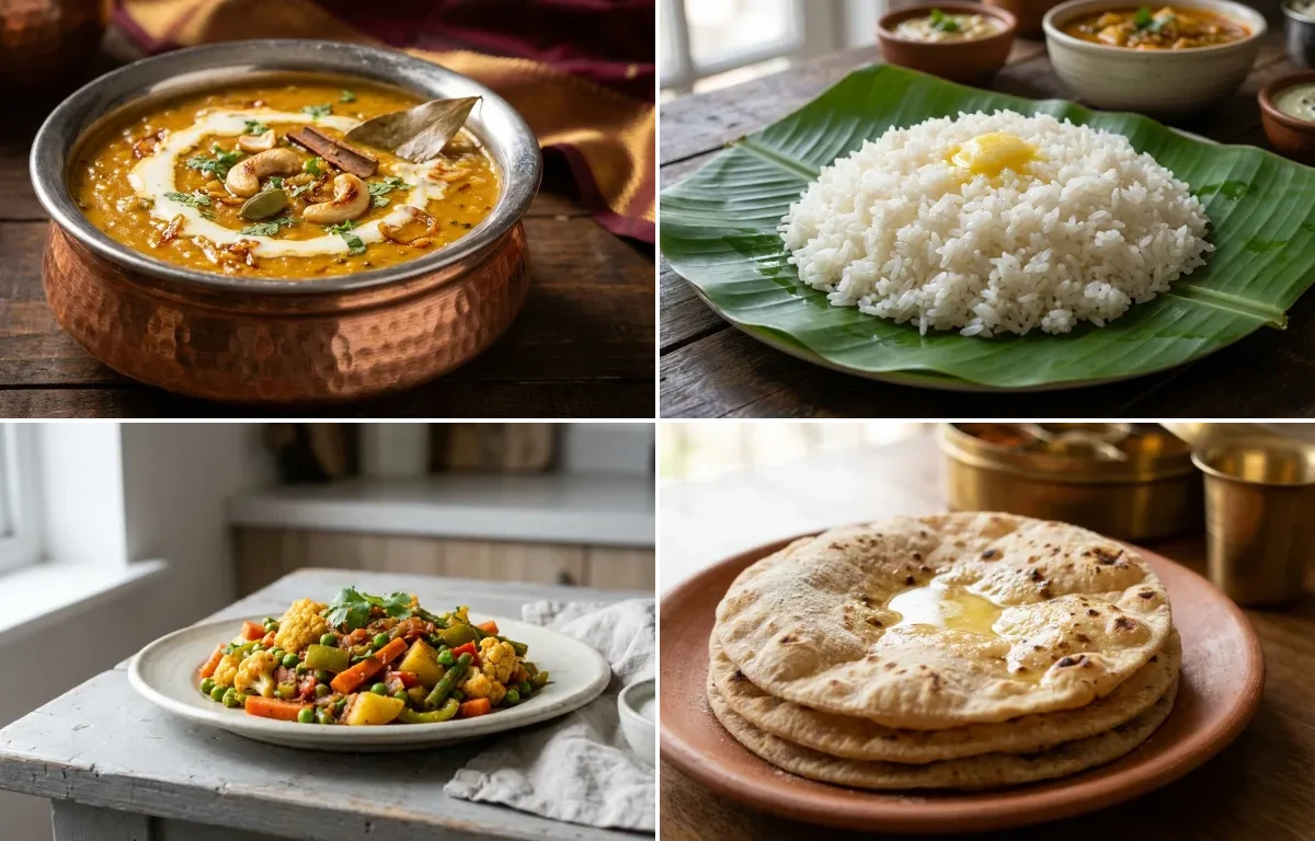Shahi Dal with Steamed Rice with Mixed Vegetable Sabzi with Roti with Dahi