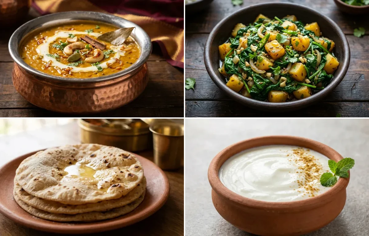 Shahi Dal with Steamed Rice with Paleng Xaak Bhaji with Roti with Dahi