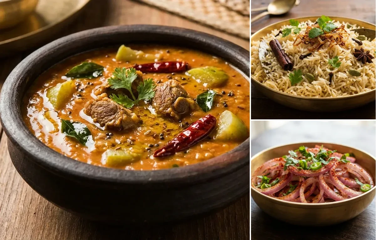Dalcha with Bagara Rice and Onion Salad