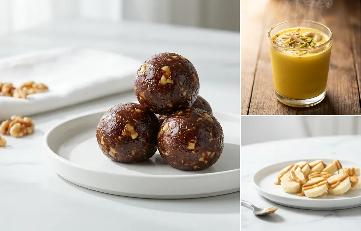 Date Walnut Ladoo with Masala Doodh with Banana With Peanut Butter