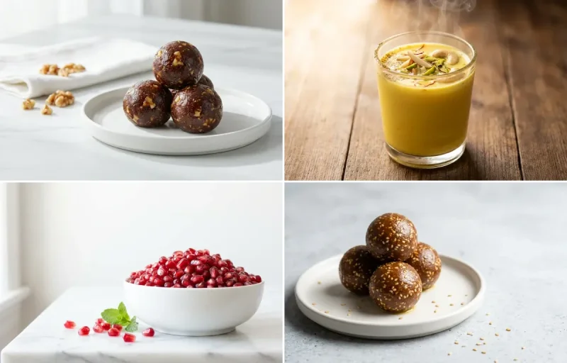 Date Walnut Ladoo with Masala Doodh with Pomegranate + supplement + iron