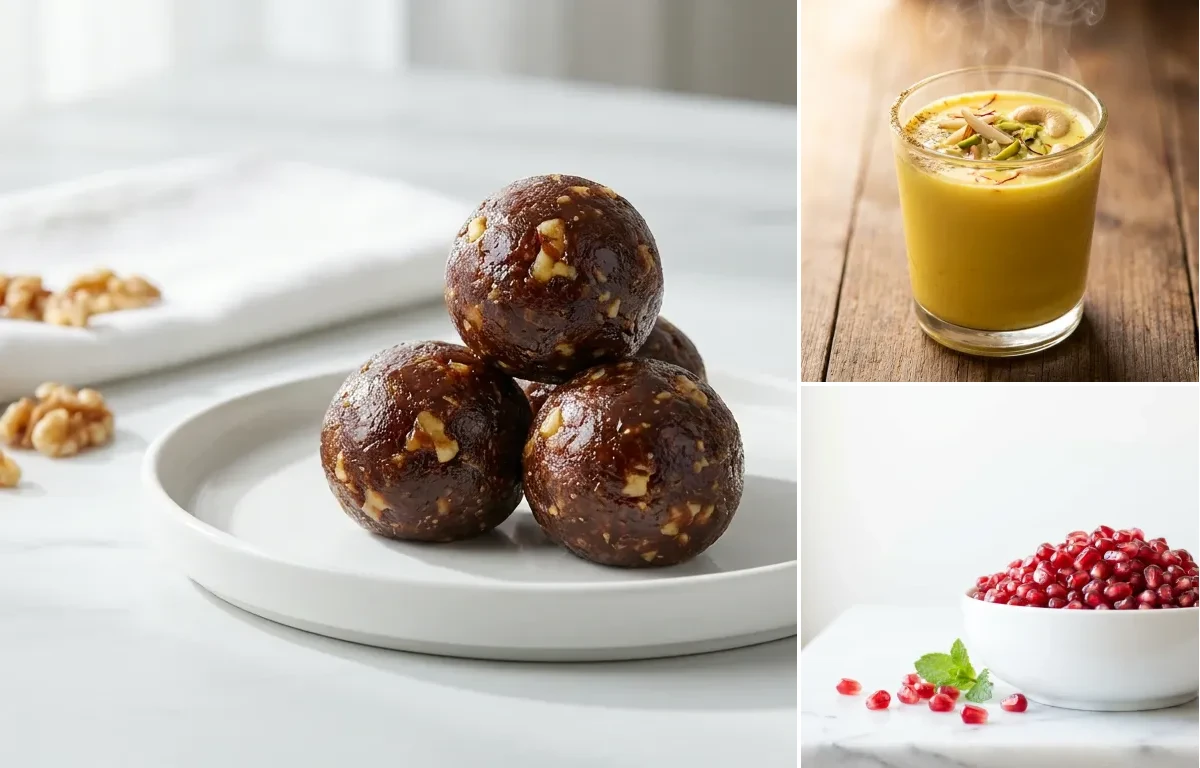 Date Walnut Ladoo with Masala Doodh with Pomegranate