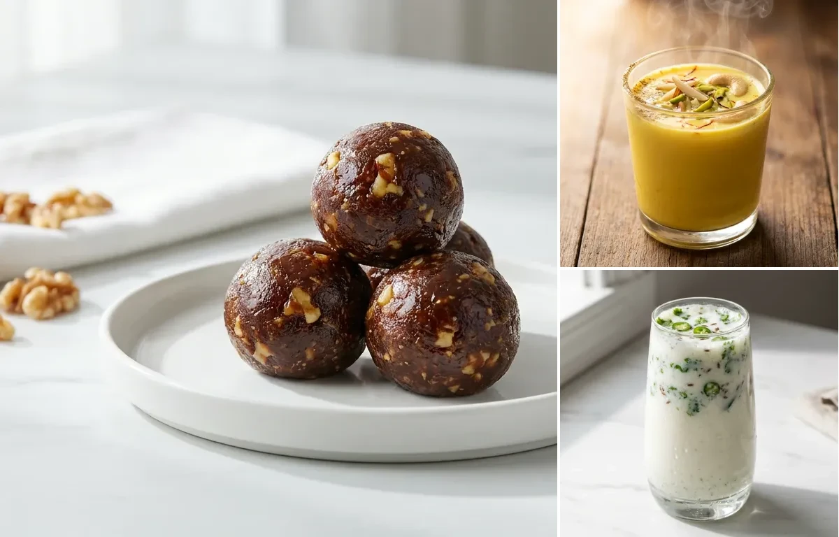 Date Walnut Ladoo with Masala Doodh with Spiced Chaas