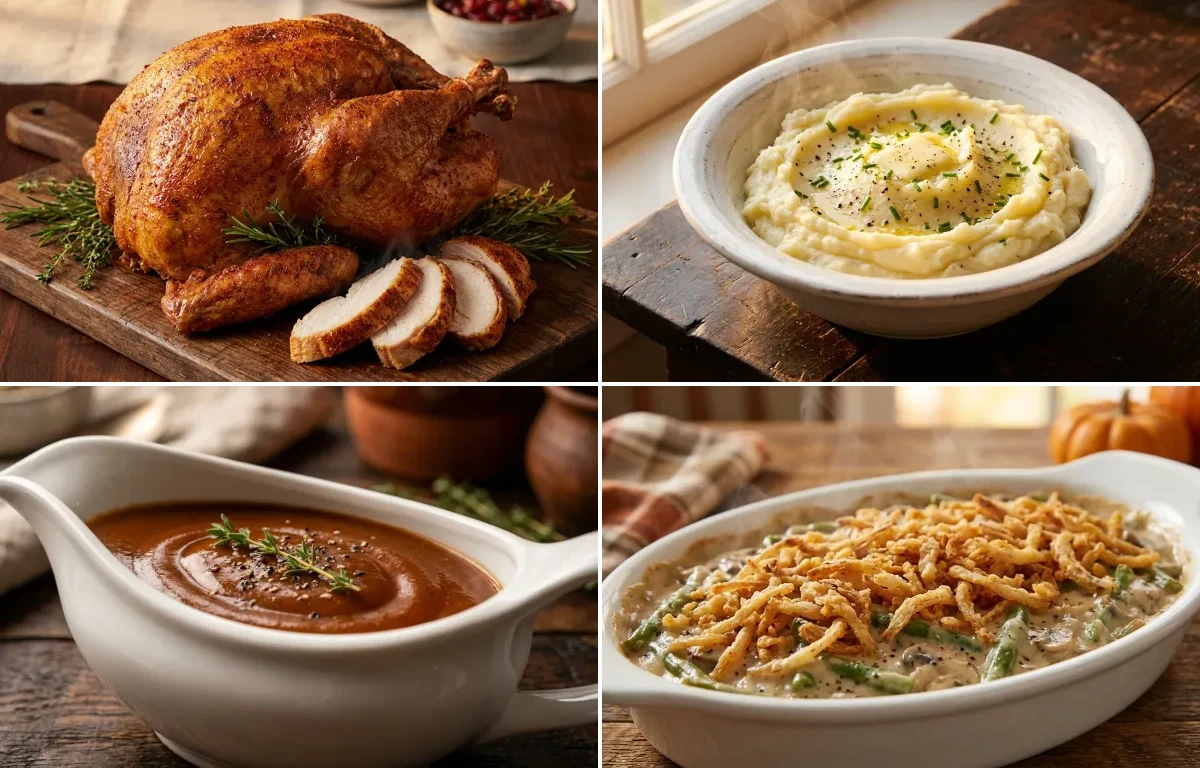 Deep Fried Turkey with Mashed Potatoes, Brown Gravy and Green Bean Casserole