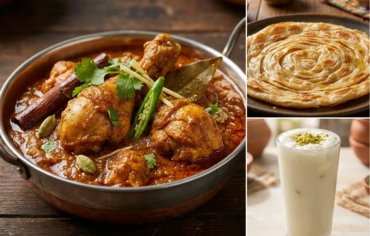 Dhaba Chicken Curry with Laccha Paratha and Sweet Lassi
