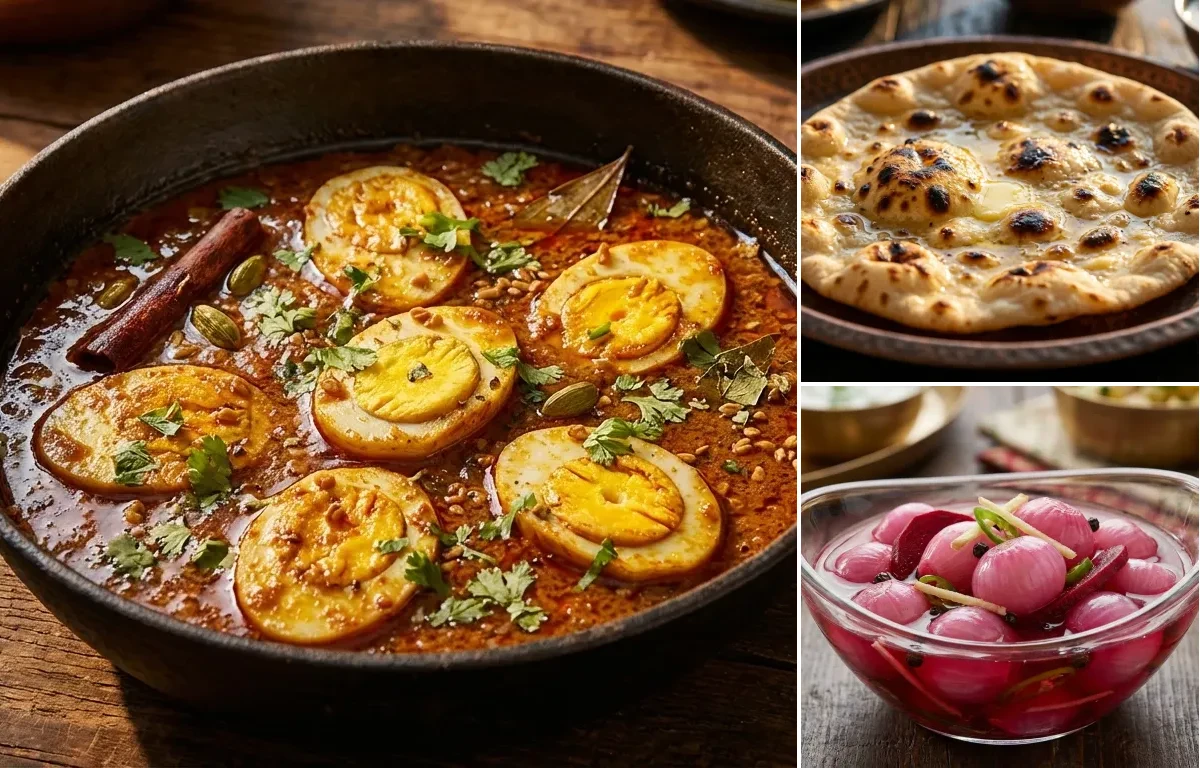 Dhaba Egg Curry with Tandoori Roti and Sirke Wale Pyaaz