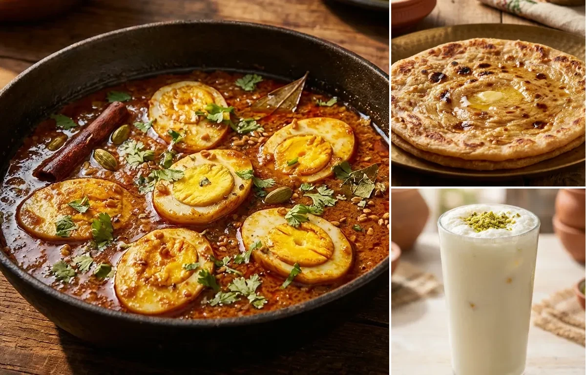 Dhaba Egg Curry with Tawa Paratha and Sweet Lassi