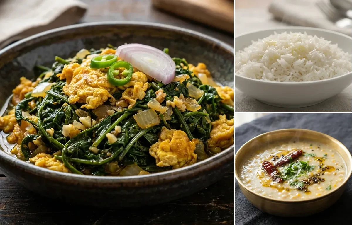 Dhekia Xaak with Egg Bhaji with Steamed Basmati Rice and Mati Dail