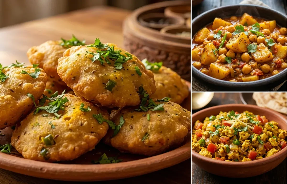 Dhuska with Aloo Chana Sabzi and Egg Bhurji