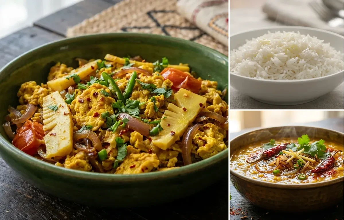 Dim Bhaji with Bamboo Shoot with Steamed Basmati Rice and Dal Tadka