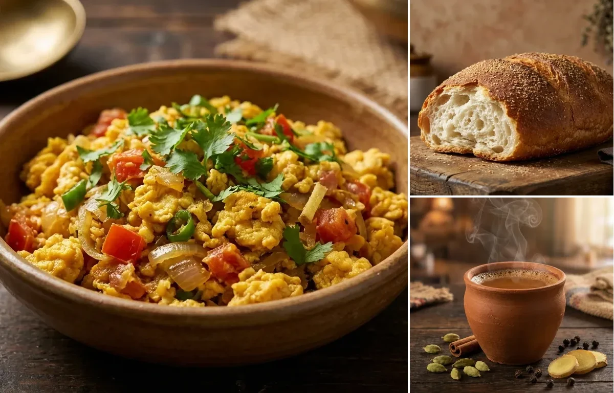 Dim er Bhurji with Pauruti and Masala Cha