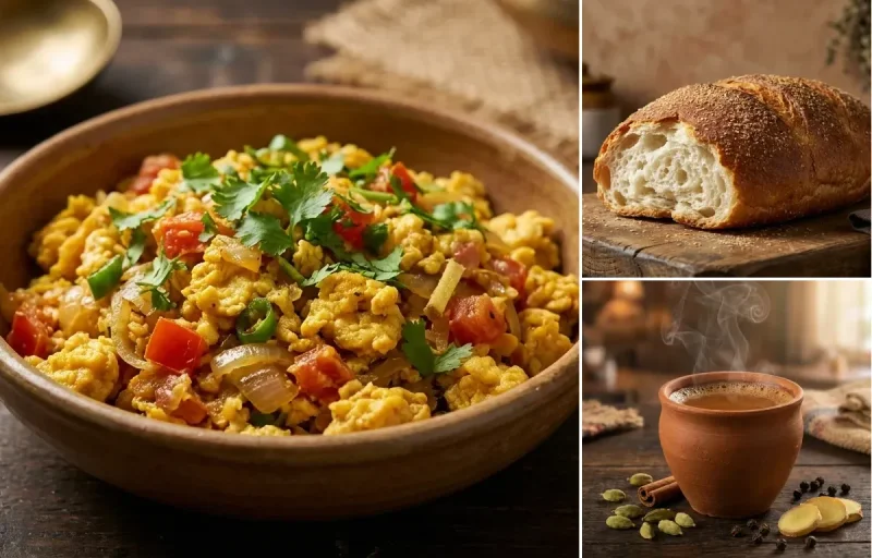 Dim er Bhurji with Pauruti and Masala Cha