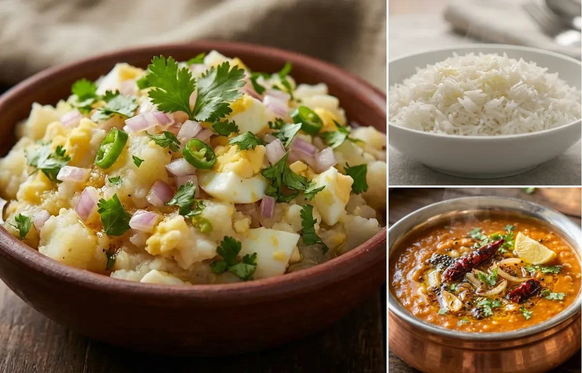 Dim Pitika with Steamed Basmati Rice and Masur Dal Tadka