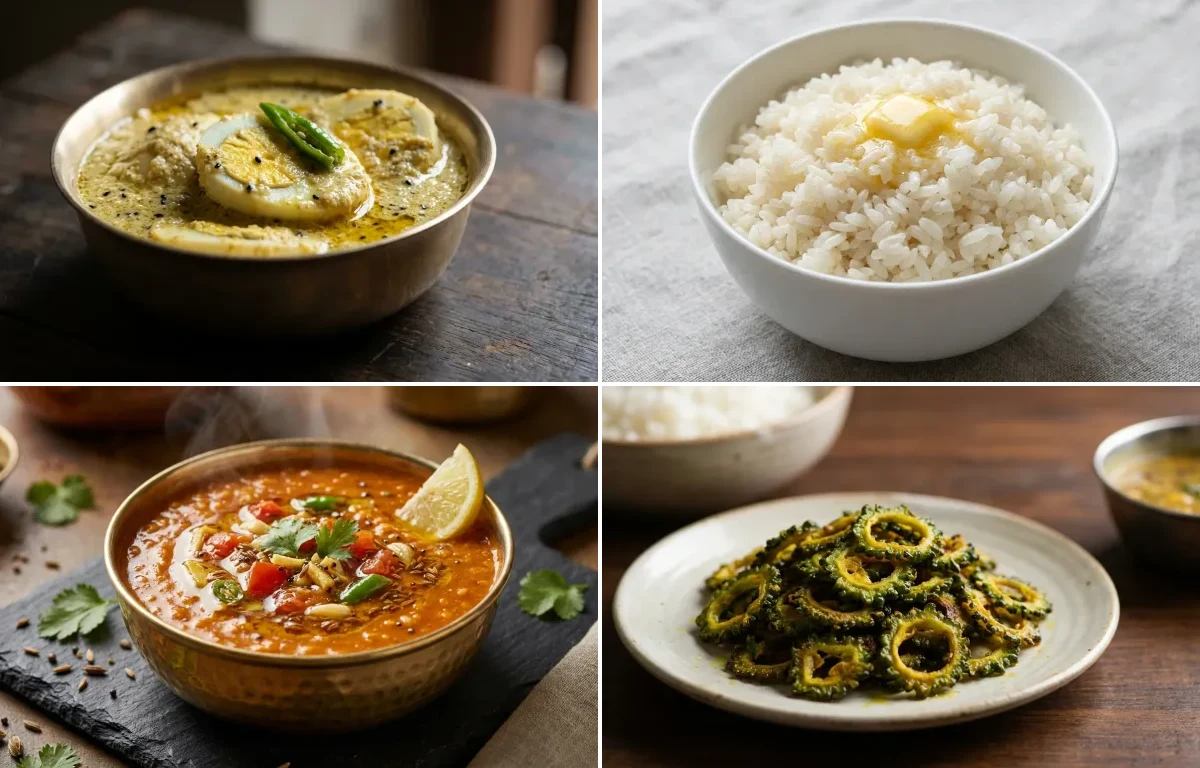 Dim Posto with Shada Bhaat, Masoor Dal Tadka and Uchhe Bhaja