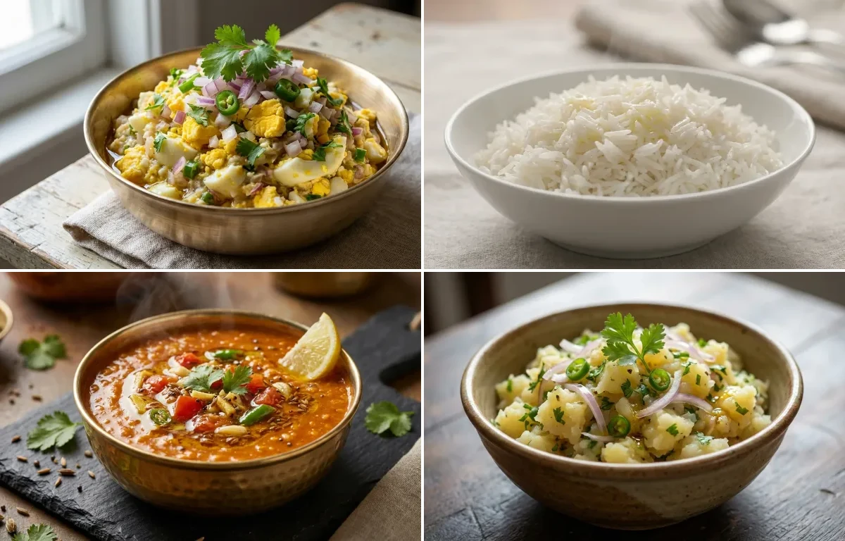 Dim Seddho with Steamed Basmati Rice, Masoor Dal Tadka and Aloo Makha