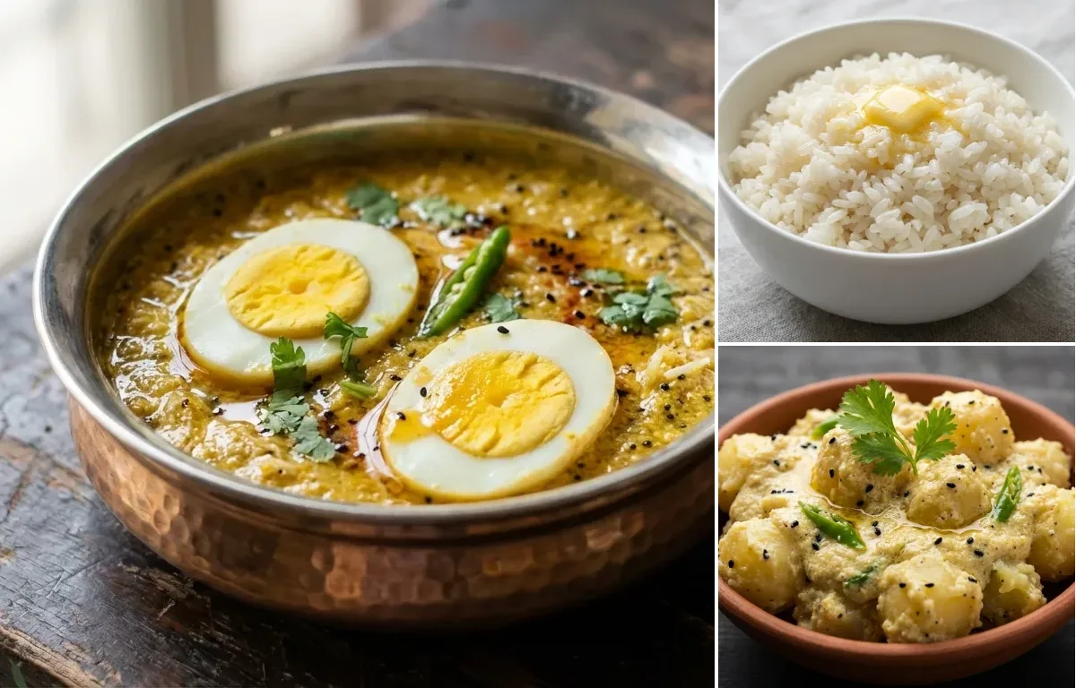 Dim Shorshe with Shada Bhaat and Aloo Posto
