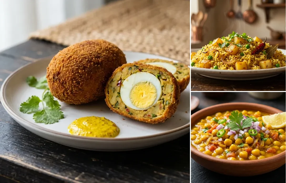 Dimer Chop with Bhaja Bhaat and Ghuguni