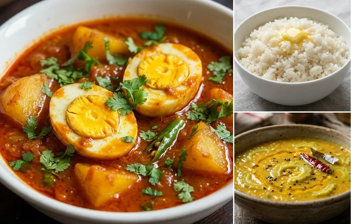 Dimer Jhal with Shada Bhaat and Tetor Dal