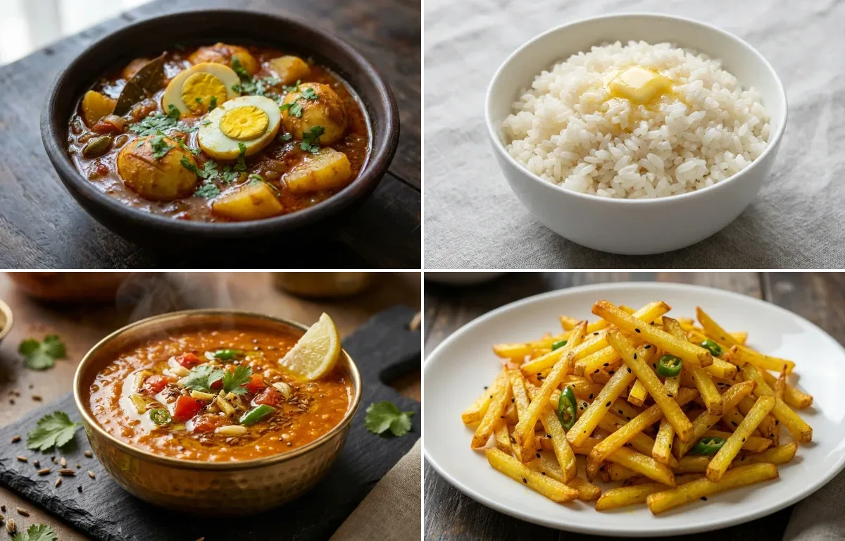 Dimer Jhol with Shada Bhaat, Masoor Dal Tadka and Aloo Bhaja