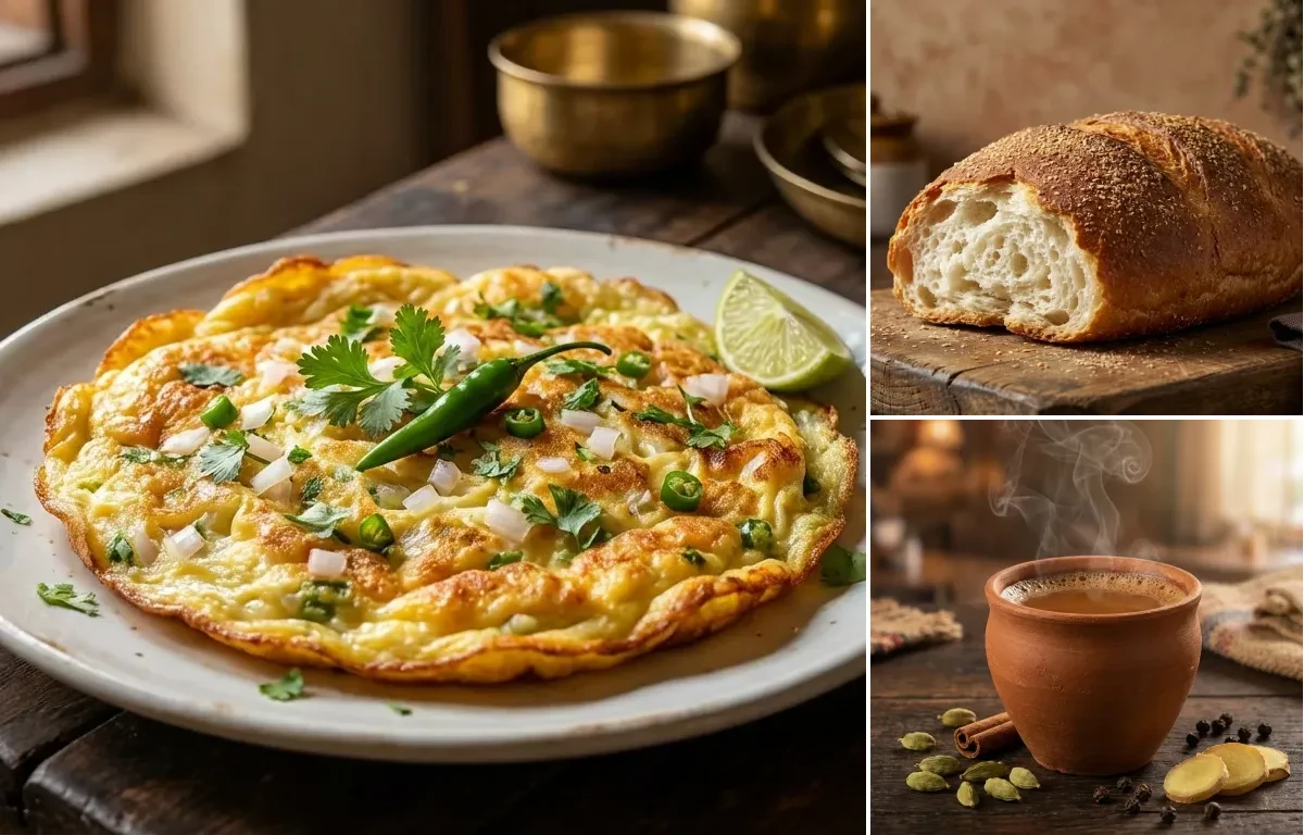 Dimer Omelette with Pauruti and Masala Cha