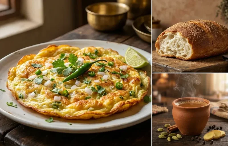 Dimer Omelette with Pauruti and Masala Cha