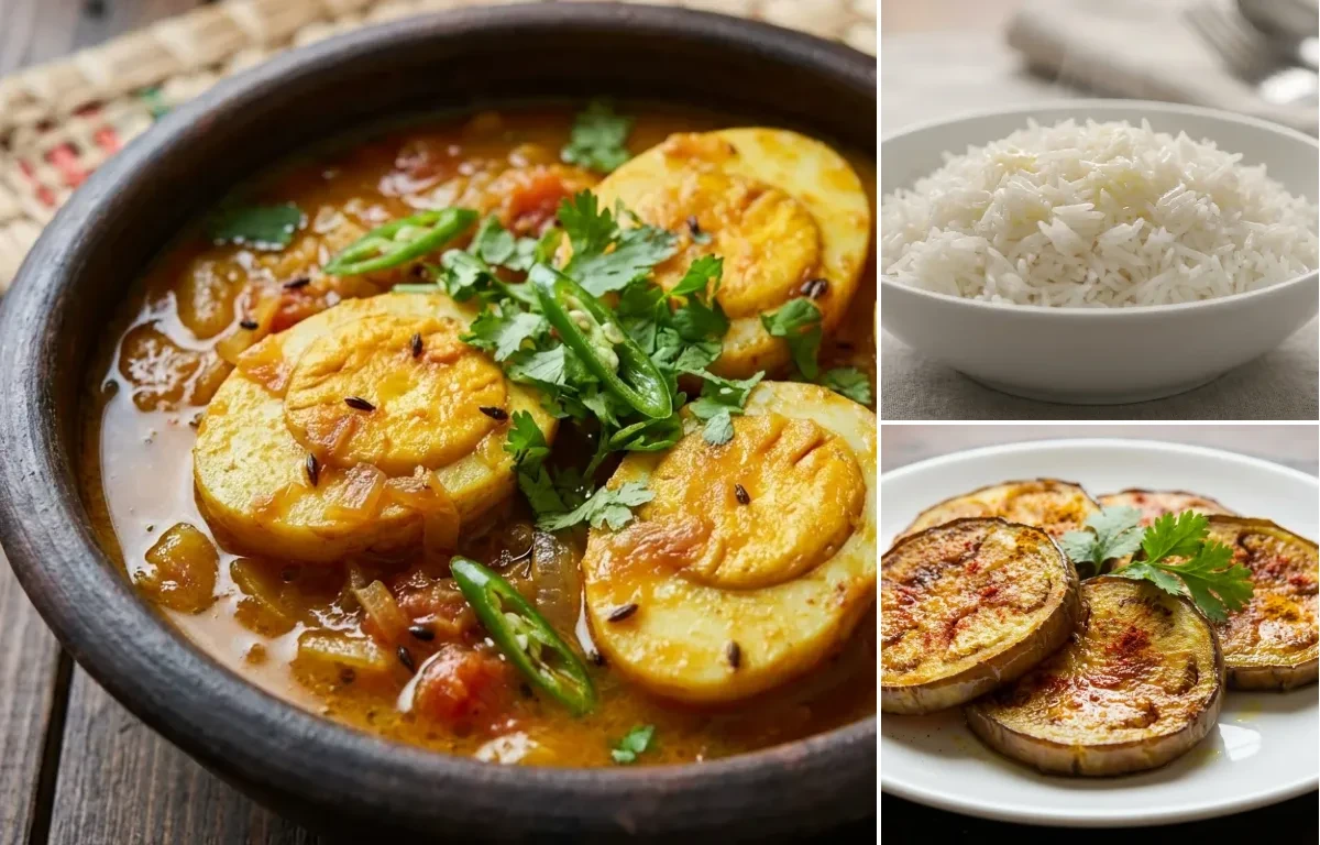 Dimor Tenga with Steamed Basmati Rice and Begun Bhaja