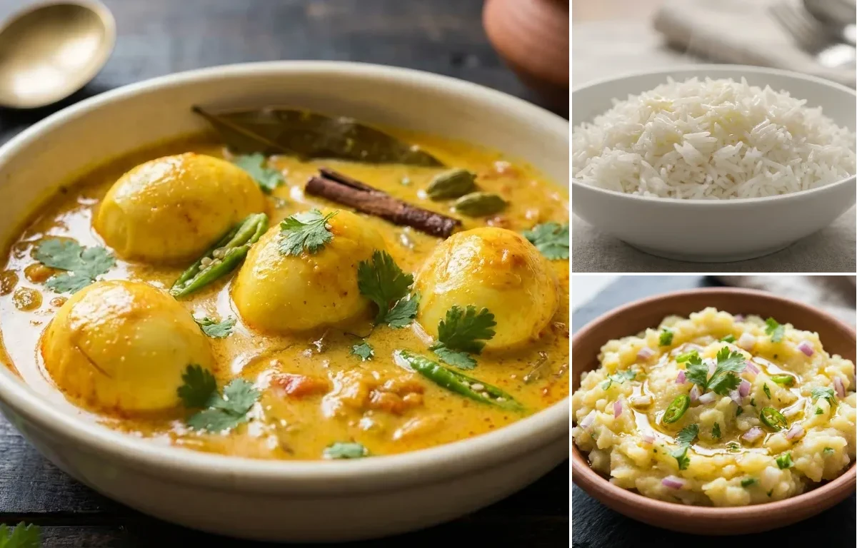 Doi Dim with Steamed Basmati Rice and Aloo Pitika