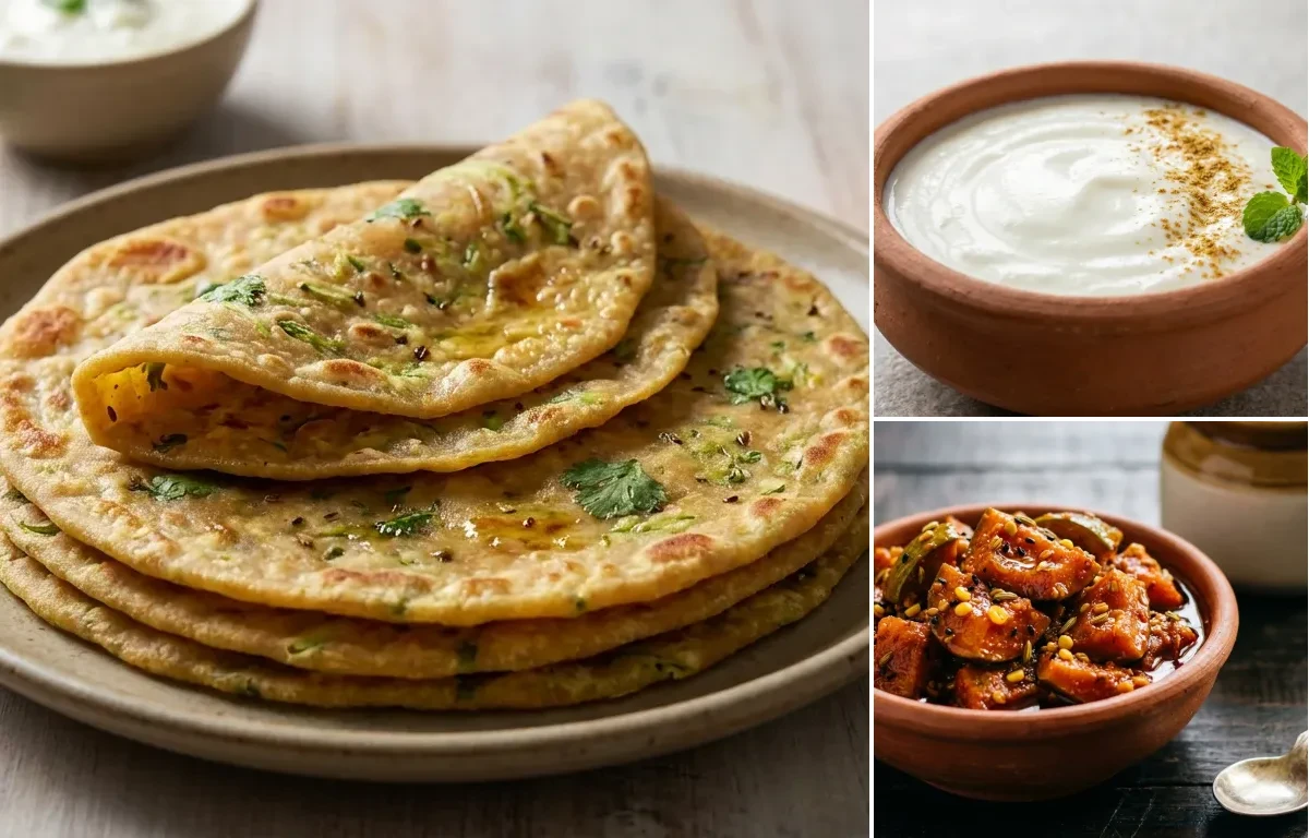 Doodhi Thepla with Dahi and Mango Pickle
