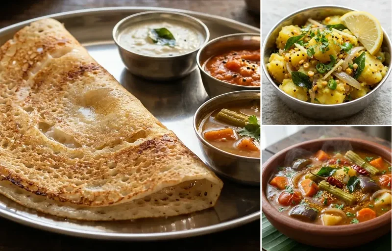 Dosa with Aloo Masala and Vegetable Sambar