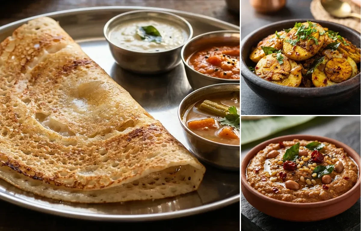 Dosa with Egg Fry and Peanut Chutney