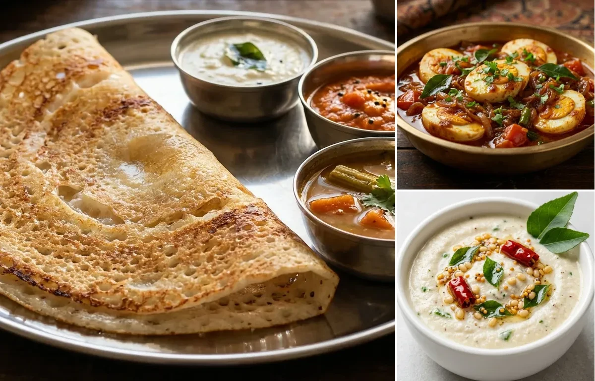 Dosa with Kerala Egg Roast and Coconut Chutney