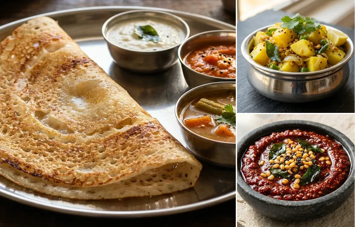 Dosa with Potato Palya and Red Chutney