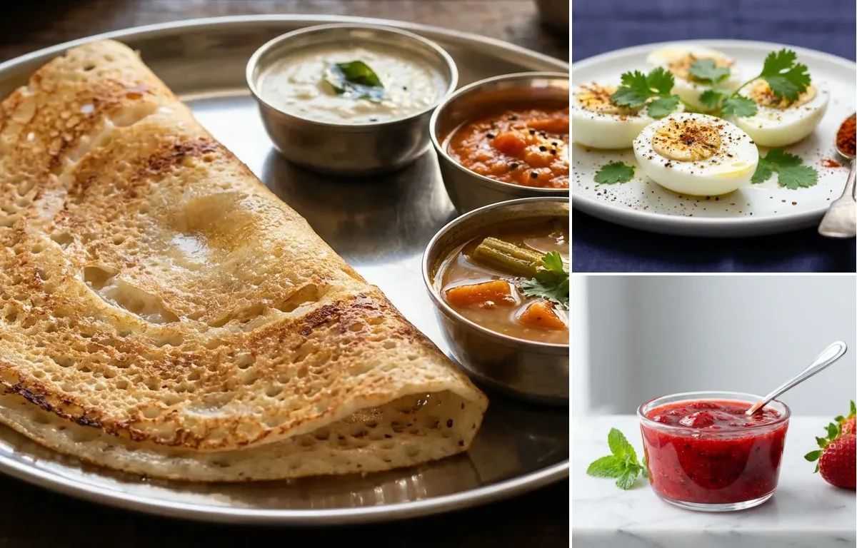 Dosa with Coconut Chutney with Boiled Egg Whites with Strawberries