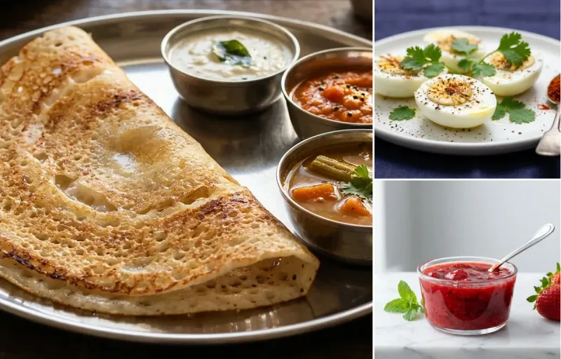 Dosa with Coconut Chutney with Boiled Egg Whites with Strawberries