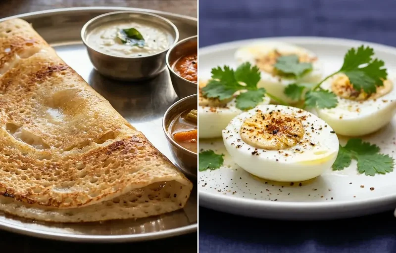 Dosa with Coconut Chutney with Boiled Egg Whites with Kiwi Chaat